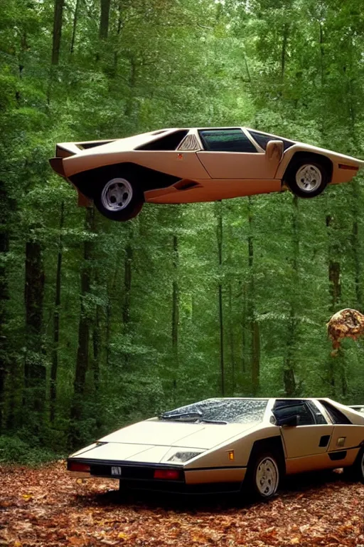 Prompt: 1988 Lamborghini Countach floating in mid-air Abandoned in the Woods