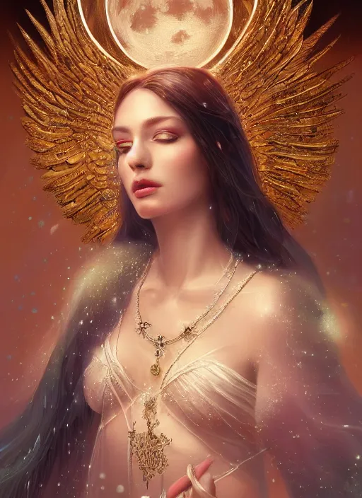 Image similar to A beautiful digital painting of a female angel full of jewels, princess, the moon behind her, intricate, cinematic lighting, highly detailed, digital painting, Artstation, concept art, smooth, sharp focus, illustration, art by Tom Bagshaw, Artgerm and Greg Rutkowski