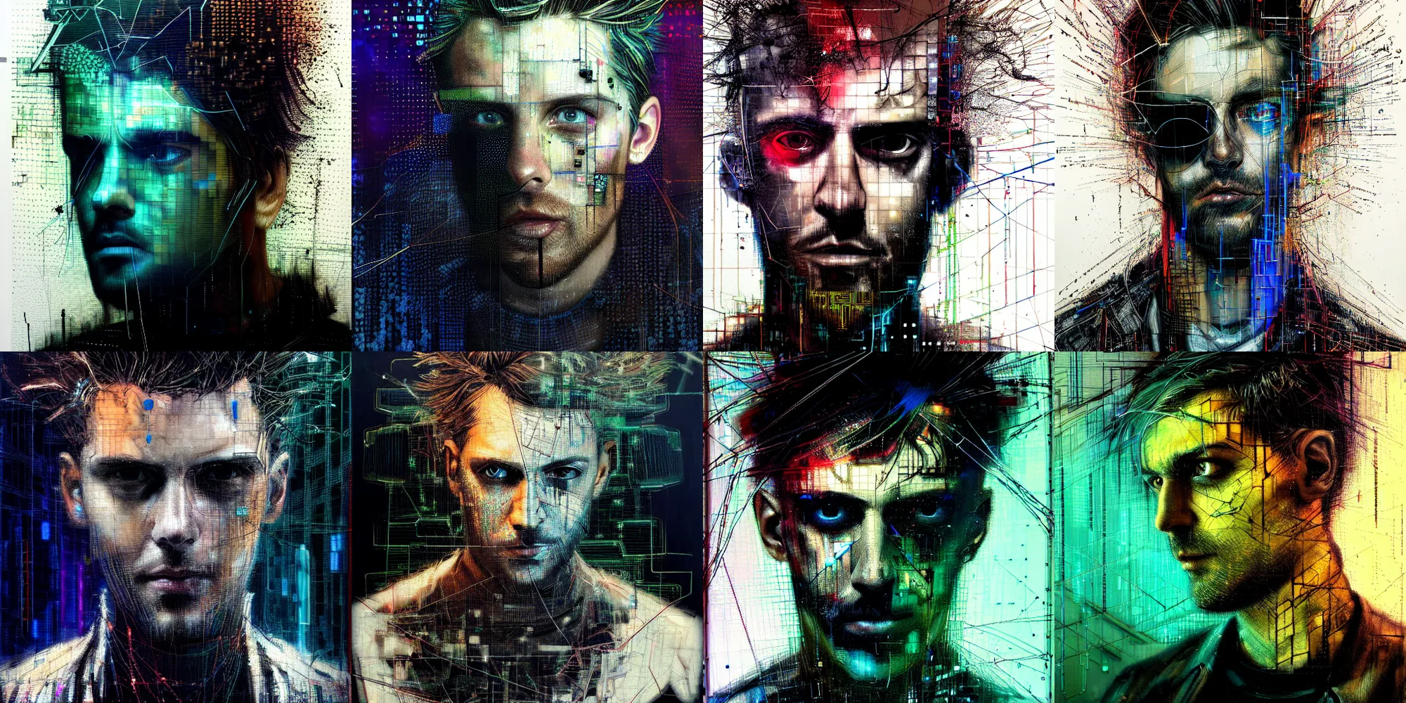 Prompt: hyperrealistic portrait of a cyberpunk man, photorealistic, young adult, medium hair, immersed within a network, glitch eyes, by Guy Denning, Russ Mills, Johanne Ittes, glitch art, hyper focus, fine detail, polished, complex, hacking effects, glitch effects, holographic, color blocking, realistic, acrylic on canvas, concept art, abstract!, symmetrical, 8k, octane, cgsociety, trending on artstation