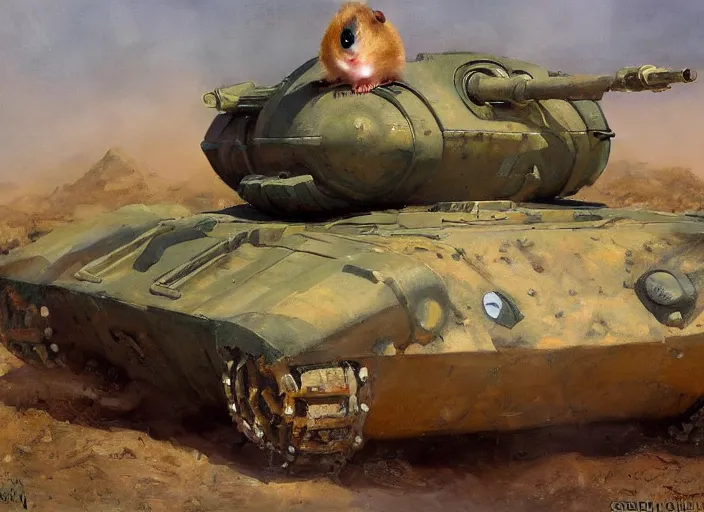 Image similar to a highly detailed beautiful portrait of an evil hamster on a tank, by gregory manchess, james gurney, james jean