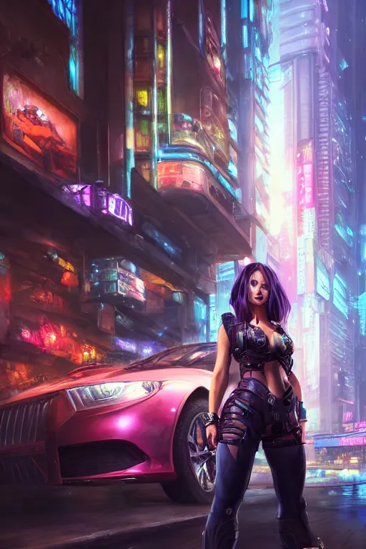 Prompt: portrait of vi from leage of legends in a cyberpunk city next to a car. by Daniel F. Gerhartz, hyperrealistic oil painting, 4k, studio lightning