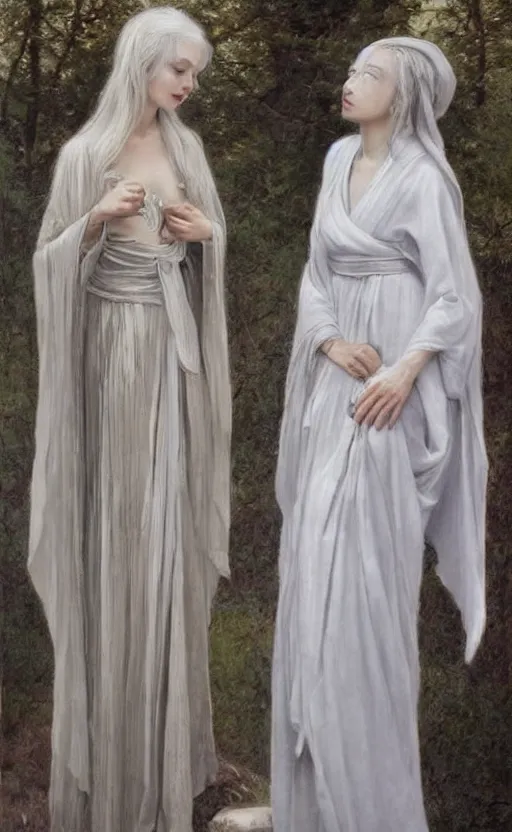 Prompt: angelic beauty with silver hair so pale and wan! and thin!?, flowing robes, covered in robes, lone pale wan fair skinned goddess, wearing robes of silver, flowing, pale skin, young cute face, covered!!, clothed!! oil on canvas, style of lucien levy - dhurmer and jean deville, 4 k resolution, aesthetic!, mystery