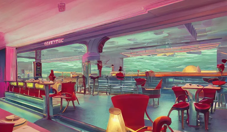 Image similar to a beautiful, sharp focus, clean lines. the interior of an art deco undersea restaurant. vaporwave ombre rendering. outrun style. fish. neon backlit jellyfish. trending on artstation. recommended for you behance. by chris moore. by edward hopper. ambient occlusion. digital matte painting. metropolis filmic. gotham city.