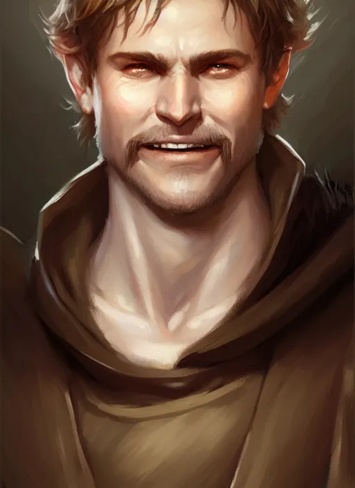 Image similar to a _ fantasy _ style _ portrait _ painting _ of white male short fringe light brown hair short face grinning, rpg dnd oil _ painting _ unreal _ 5 _ daz. _ rpg _ portrait _ extremely _ detailed _ artgerm _ greg _ rutkowski _ greg