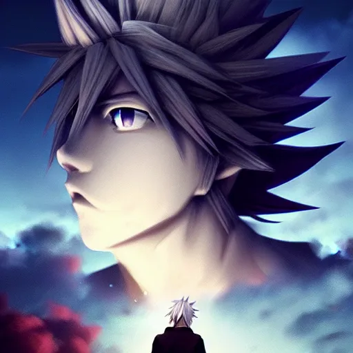 Prompt: cloud with a cloud strife's face on it, trending on artstation, high contrast, highly detailed, epic, 4 k, artstation, greg rutkowski, makoto shinkai, beautiful sky