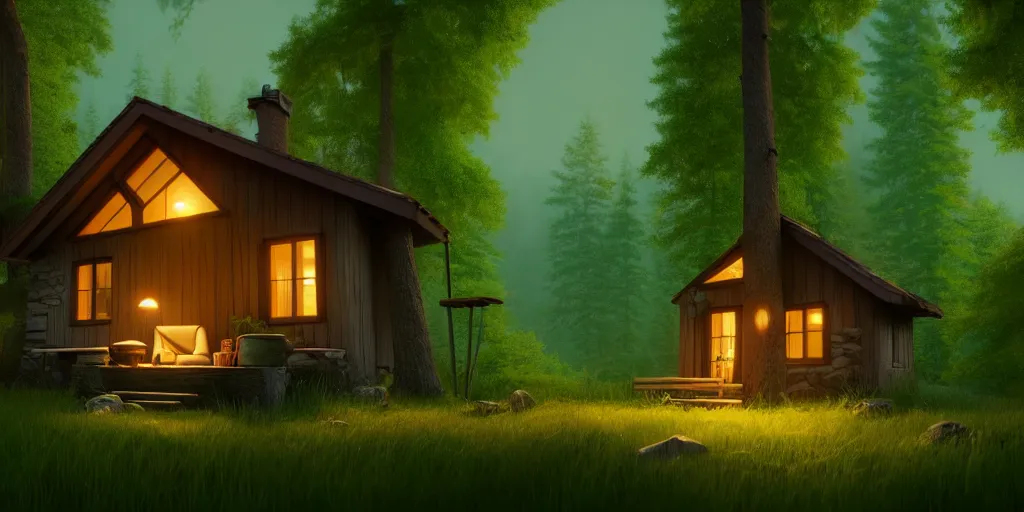 Image similar to a cozy little house in the woods, relaxing, 3 d concept art by scott zenteno, chill, relaxing, peaceful, sunset, extremely detailed art, unreal engine 5, hyper realism, blue - green aesthatic