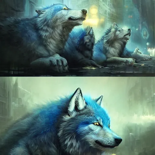 Prompt: a pack of large blue wolves with intricate glowing symbols on their fur. fantasy art cinematic. detailed masterpiece. realistic. photo realism. cgsociety. by krenz cushart. ruan jia. jarold sng.