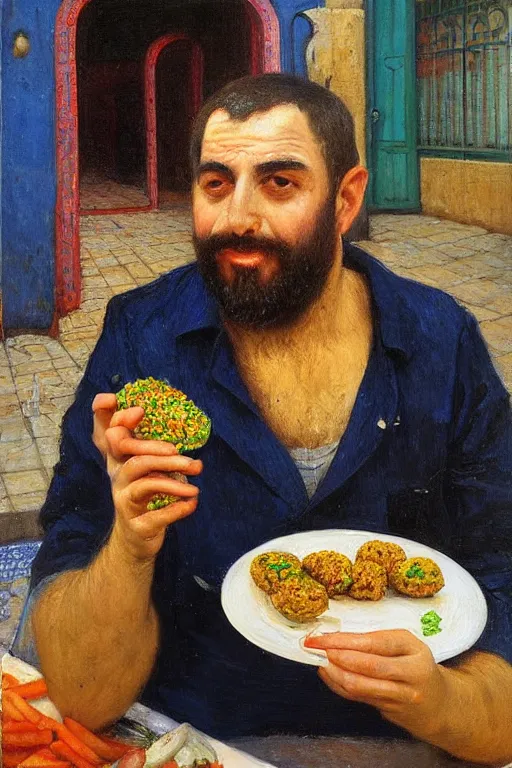 Image similar to portrait of an israeli man eating a falafel in tel aviv, victor Nizovtsev