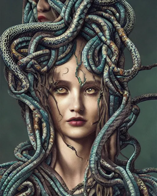 Prompt: beautiful insanely detailed color portrait of a dark and mysterious Medusa with all snake heads looking toward camera, in the style of Greg Rutkowski, 35mm, cinematic shot, photorealistic, hard light, depth of field