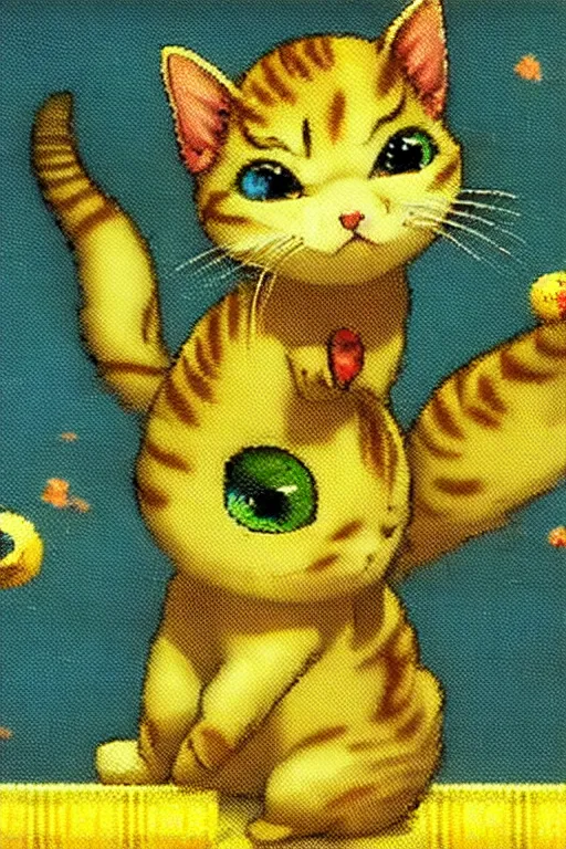 Prompt: a retro videogame showing a small yellow kitten with the belly upwards, artwork by yoshitaka amano, masterpiece