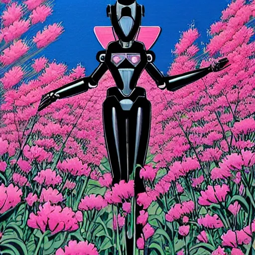 Prompt: a beautiful painting of a sleek humanoid mecha in a field of flowers by hiroshi nagai and hirohiko araki, detailed line art