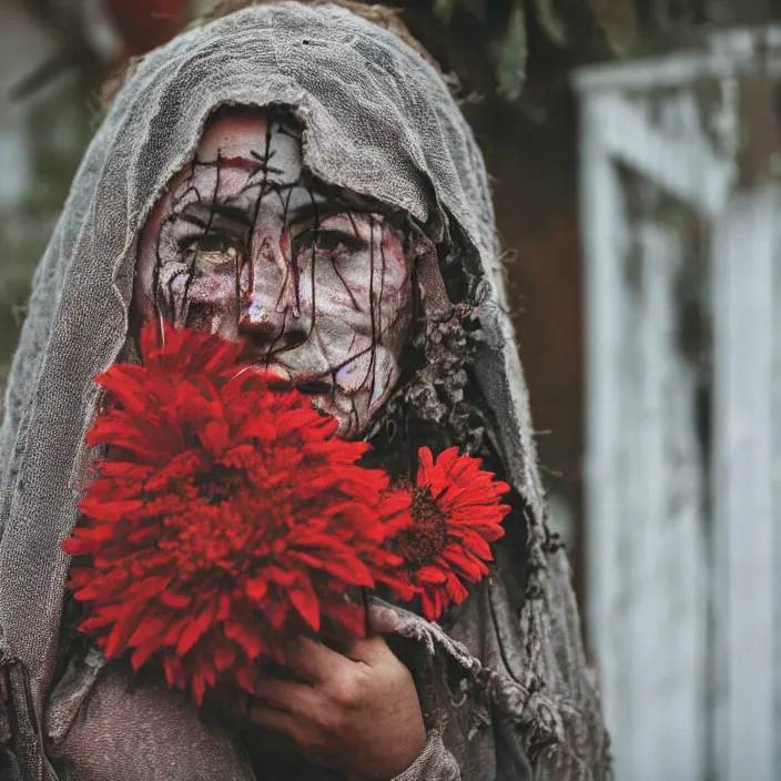 Image similar to a woman wearing a hooded cloak made of zinnias and barbed wire, in a derelict house, detailed face, CANON Eos C300, ƒ1.8, 35mm, 8K, medium-format print