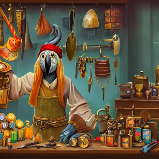 Image similar to Anthropomorphized parrot trader in his shop, selling his wares, portrait, items, weapons, magic potions, carpet, window, fancy hat, sly expression , cunning expression, cute expression, long thick shiny gold beak, presenting wares, holding a gold bag, D&D, fantasy, cinematic lighting, highly detailed, digital painting, artstation, concept art, smooth, sharp focus, illustration, warm light, cozy warm tint, magic the gathering artwork, volumetric lighting, 8k, art by Akihiko Yoshida, Greg Rutkowski