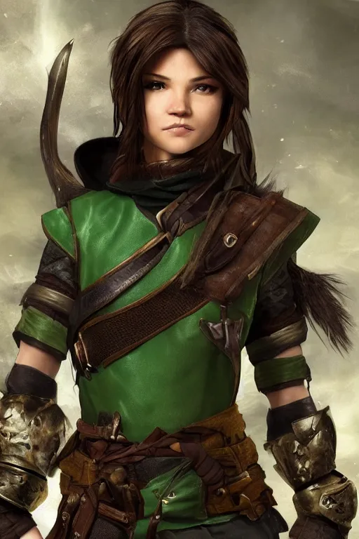 Prompt: fantasy character photo, realistic. female ranger. danielle campbell. manic grin, yandere. tall, lanky, athletic, wiry. brown & dark forestgreen leather armor. small tilted lightgreen feathered cap worn at jaunty angle. black hair in ponytail. bright blue eyes. consulting in secret with an unseen, shadowy informant