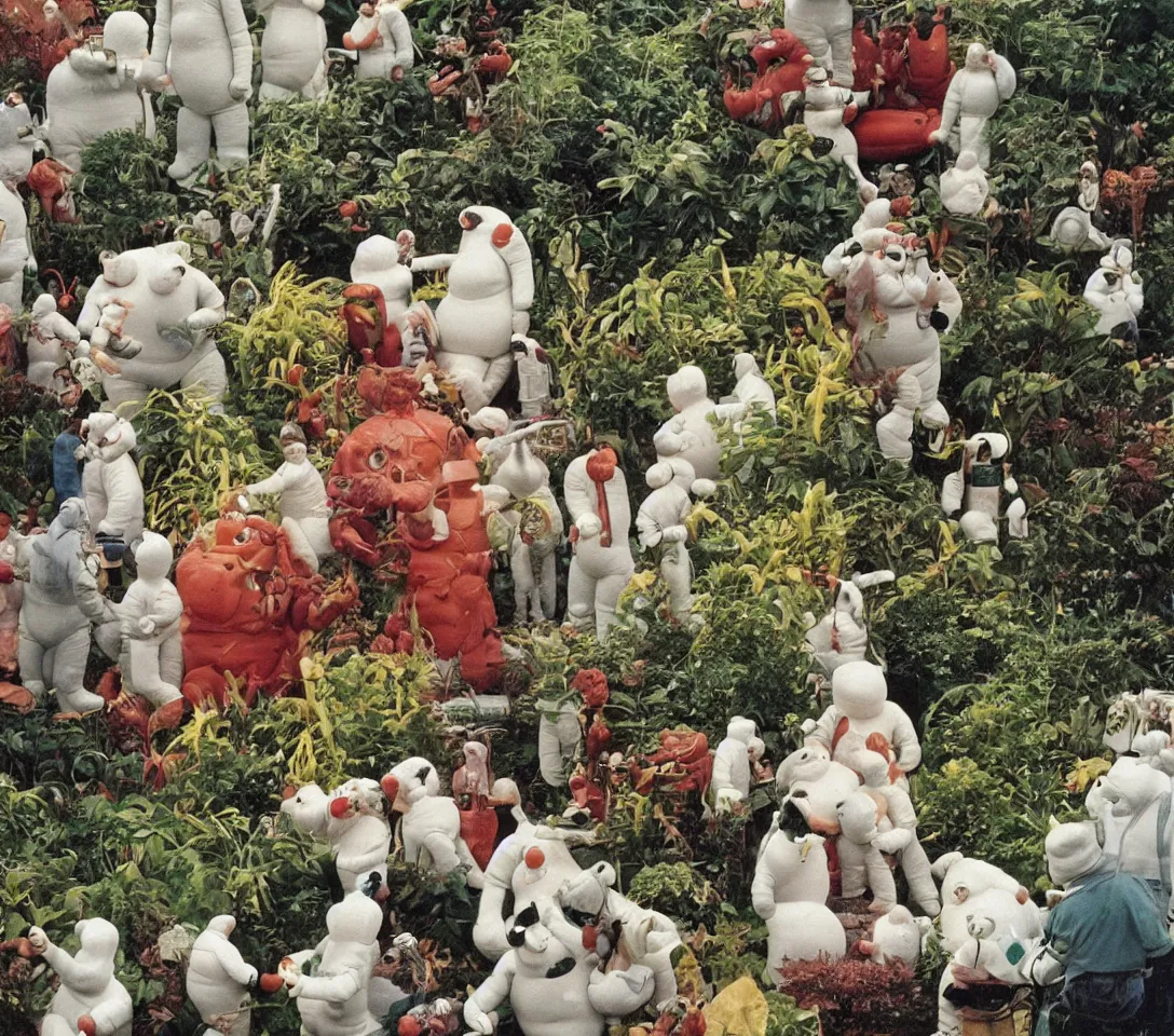 Prompt: a 3 5 mm photography, kodachrome of michelin man with strange creatures and alien plants inspired by bosch but in the real life, photos taken by martin parr