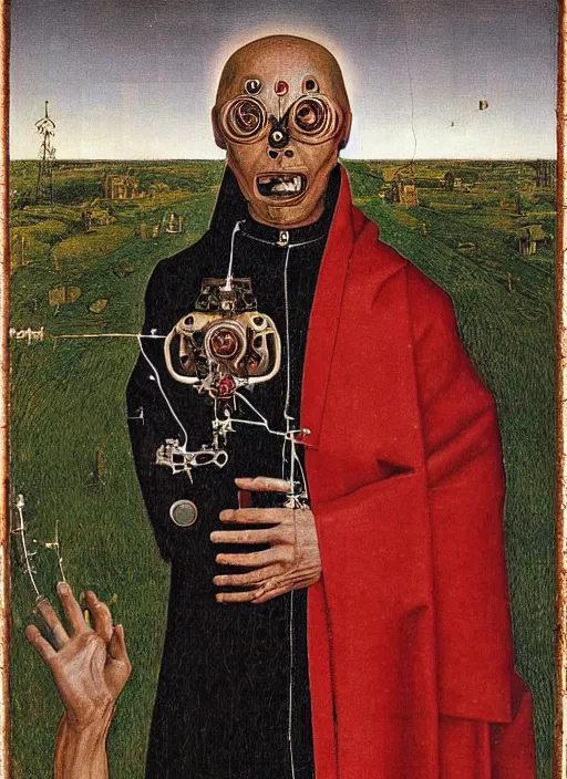 Prompt: a portrait of a cyborg priest jacked into a brain-machine interface by Jan van Eyck