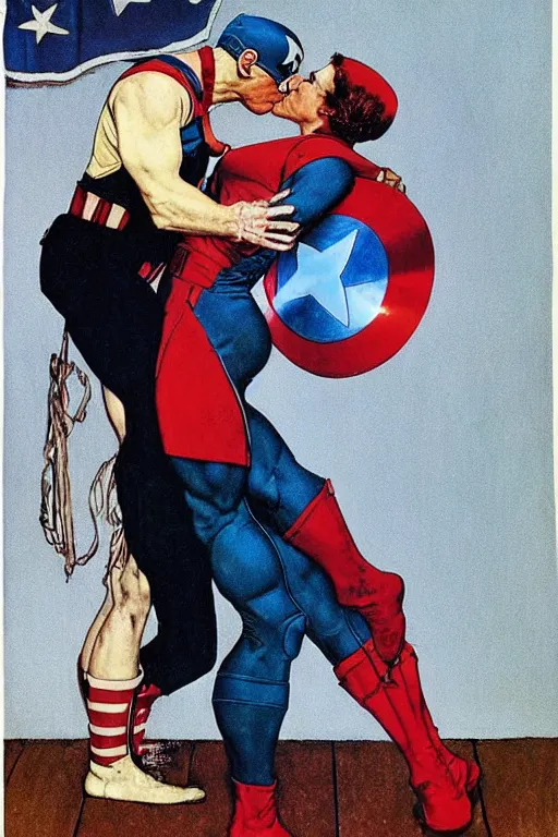 Image similar to norman rockwell painting of captain america romantically kissing captain america