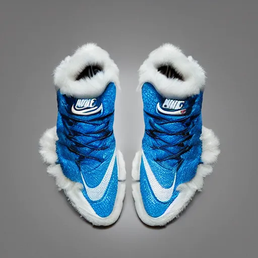 Image similar to nike shoe made of very fluffy white and gold faux fur placed on reflective surface, professional advertising, overhead lighting, heavy detail, realistic by nate vanhook, mark miner