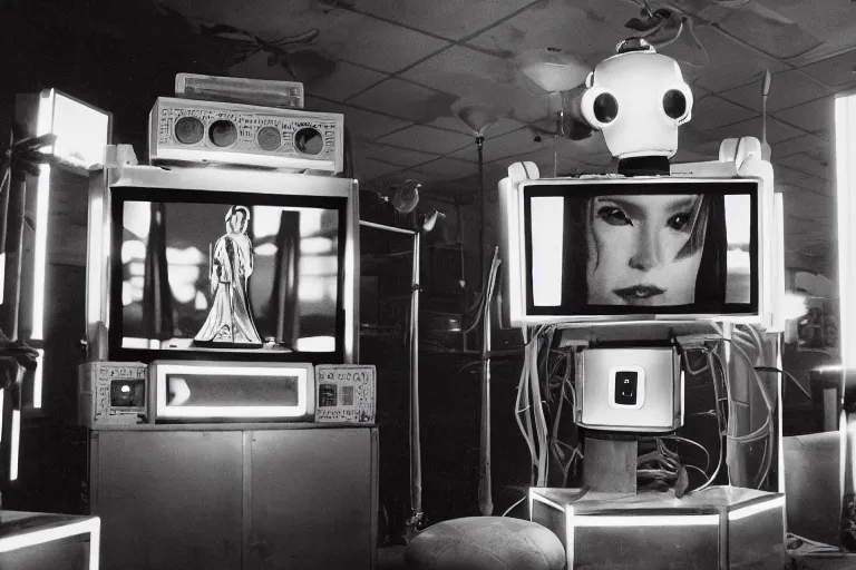 Prompt: robot staring at her reflection in a mirrored monolith, from 1977, in a tiki bar, volumetric lighting, surrounded by crt monitors, low-light photograph, in the style of jack bridgeland