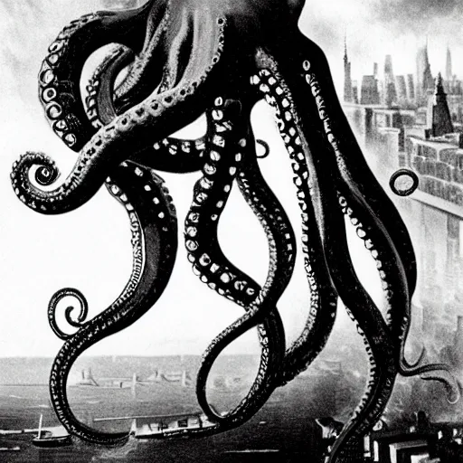 Image similar to old black and white photo, 1 9 1 3, depicting dieselpunk giant octopus attacking new york, historical record, tentacles around