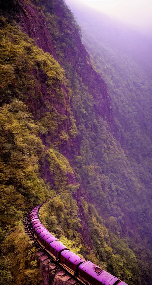 Prompt: a hurtling descent from the heights of the Himalayas in a rickety single rail boxcar train over a treacherous bridge precipice over a high chasm ravine, through a dreamy purple haze cinematic lighting, dramatic action atmosphere, by Samson Pollen, Robert Maguire, Mort Kunstler, Storm Thorgerson, Glen Orbik, 4k resolution, nier:automata inspired, bravely default inspired, luminous sky heaven background