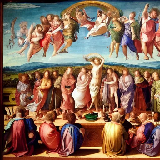 Prompt: a renaissance painting of a psychedelic conference of modern scientists / professors / researchers, high detail