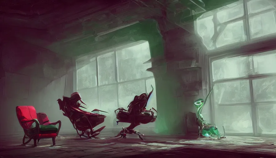 Prompt: green alien sitting on rocking chair, looking red light through the windows, brick house, hyperdetailed, artstation, cgsociety, 8 k