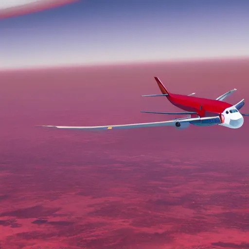 Image similar to A320 plane, Flying in a red planet, Dramatic, Shot on 70mm, Complimentary-Colors, Ray Tracing Global Illumination, Ray Tracing Reflections