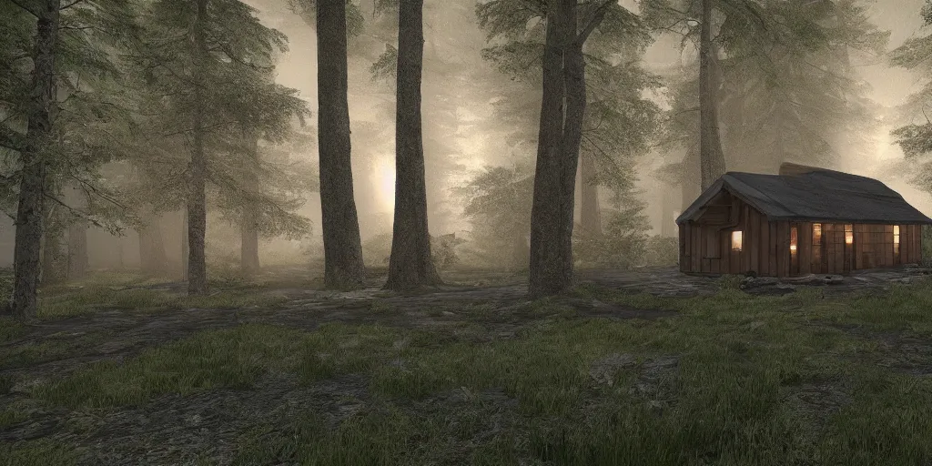 Prompt: a single cottage with a thached roof in the woods and empty woods, 8k, fantasy, unreal engine, dramatic lighting, cinematic