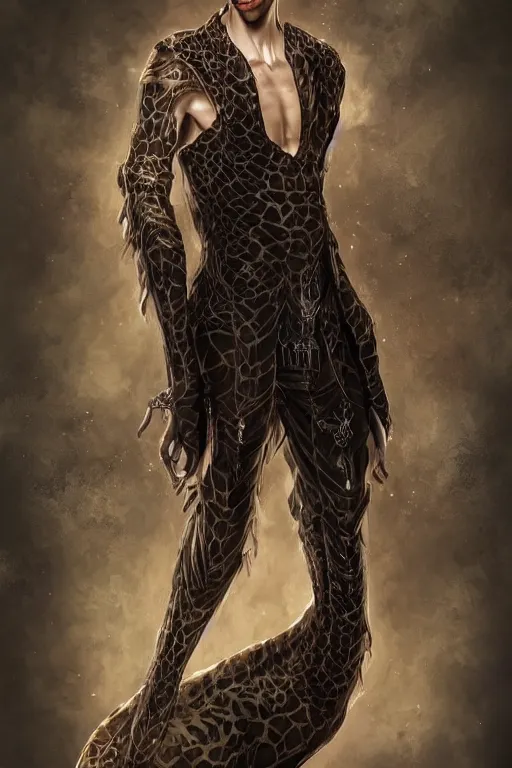 Prompt: beautiful full body portrait of a human - giraffe hybrid male wizard, scaley!! black onyx skin, wearing a fancy tunic, by wlop and artgerm, steampunk fiction, detailed deep black eyes, space background, trending, on artstation.