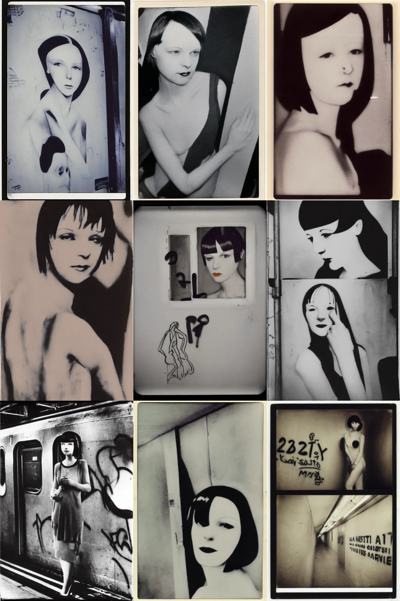 Prompt: graffiti on the subway of 2 2 year old mary louise brooks, graffiti by zephyr, polaroid