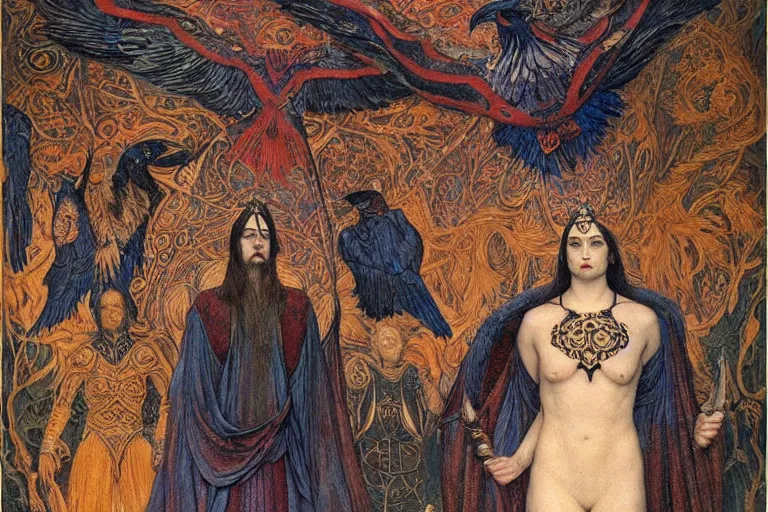 Image similar to coronation of the raven king, by Annie Swynnerton and jean delville and Nicholas Roerich, embroidered brocade, tattoos, elaborate costume, geometric ornament, symbolist, rich colors, dramatic lighting, smooth, sharp focus, extremely detailed