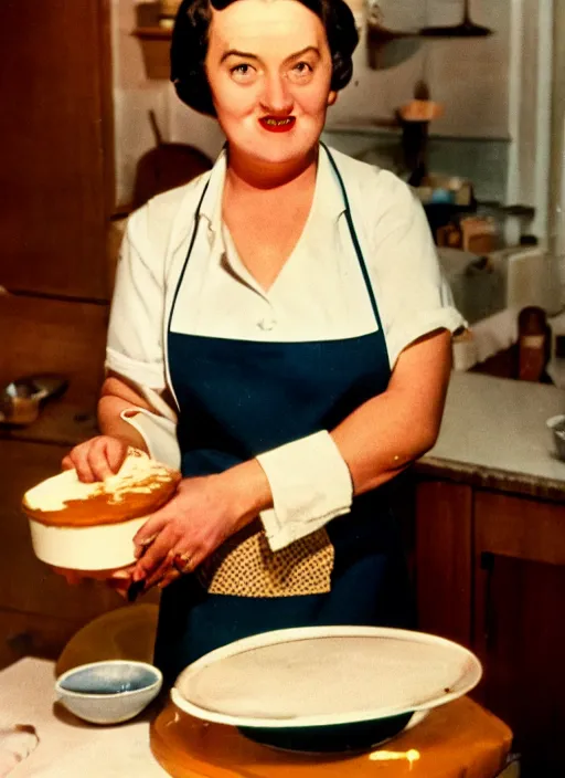 Prompt: a 35mm photograph of Hitler in an apron, dressed as a housewife, baking a cake, in the 1950's, bokeh, Canon 50mm, cinematic lighting, photography, retro, film, Kodachrome