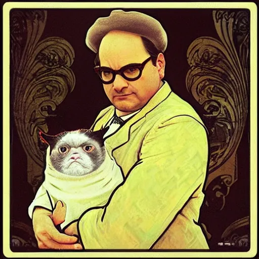 Image similar to “ portrait of george costanza from seinfeld holding grumpy cat, art nouveau, summer of george, by alphonse mucha ”