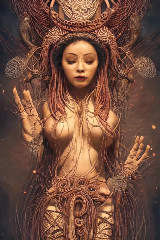 Image similar to an immaculate render of a dancing tribal goddess adorned with leaves and cables and bird wings parts in a temple surrounded by wild tentacles made from mandalas and incense smoke, full body, perfect face, powerful, cinematic, beautifully lit, by artgerm, by karol bak, 3 d, trending on artstation, octane render, 8 k