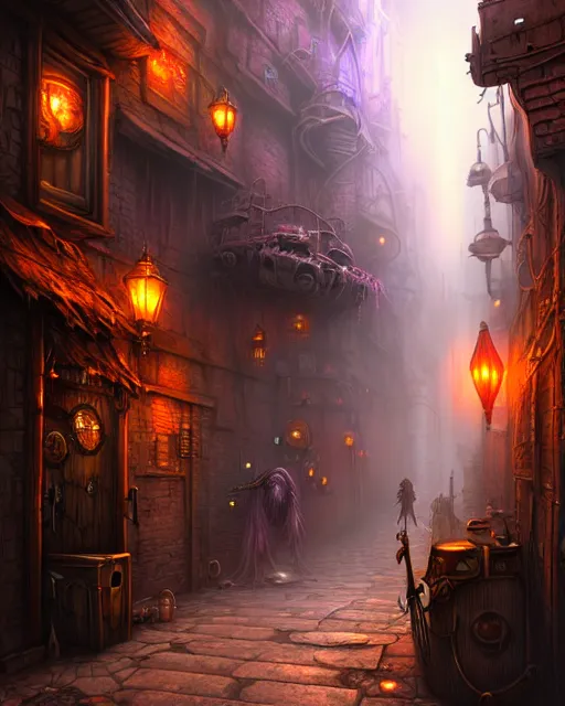 Image similar to street view of an otherworldly alley in the planescape city named sigil, crowded, beautiful digital painting in the style of wlop, volumetric lightning, intricate details, ultra realistic, by art germ, by gerard brom, steampunk, fantasypunk, deep colors, amazing d & d art, trending cgsociety, artstation, sharp