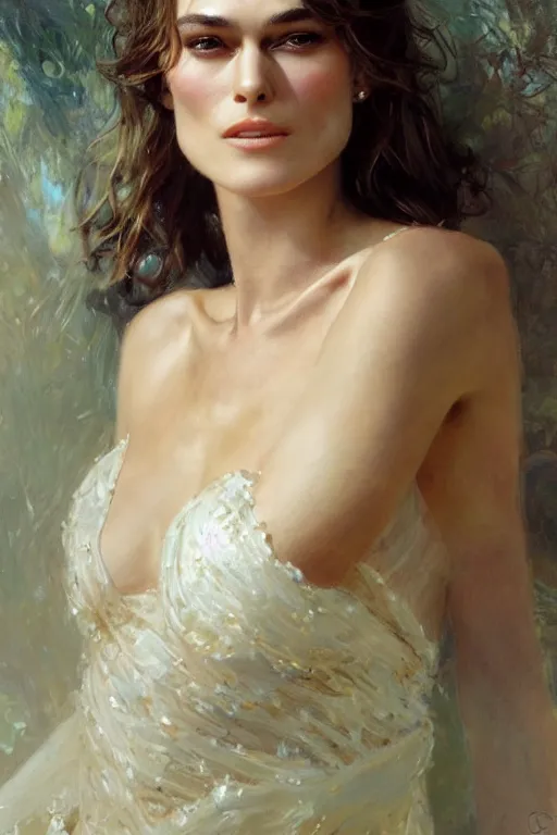 Image similar to detailed realistic cinematic shot of beautiful attractive keira knightley wit slim face symettrical face clean skin, wearing long intricate dress, smooth, sharp focus, ultra realistic, spring light, painting by gaston bussiere, craig mullins, j. c. leyendecker