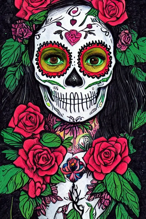 Prompt: Illustration of a sugar skull day of the dead girl, art by richard doyle