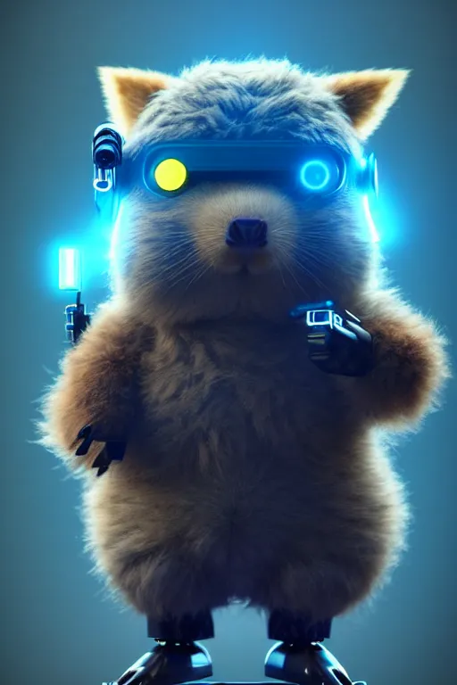 Prompt: high quality 3 d render sci - fi very cute fluffy! wombat!! cyborg soldier with futuristic mechanical legs, cyberpunk monocle!, highly detailed, unreal engine cinematic smooth, in the style of detective pikachu, hannah yata charlie immer, dark blue neon light, low angle, uhd 8 k, sharp focus