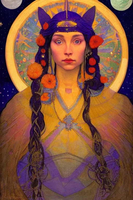 Image similar to queen of the moon with stars in her hair, by nicholas roerich and annie swynnerton and donato giancola and dulac, dramatic lighting, god rays, geometric tattoos, rich colors, smooth sharp focus, extremely detailed, leo and diane dillon, adolf wolfli