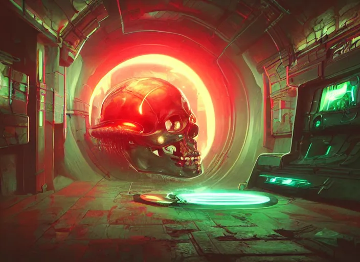 Image similar to a futuristic skull with glowing eyes and a wormhole tunnel, cyberpunk art by marc simonetti, behance contest winner, computer art, darksynth, synthwave, rendered in cinema 4 d