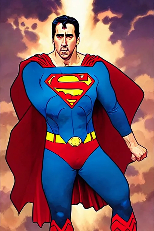 Image similar to nicolas cage as superman, art by artgerm and greg rutkowski and alphonse mucha