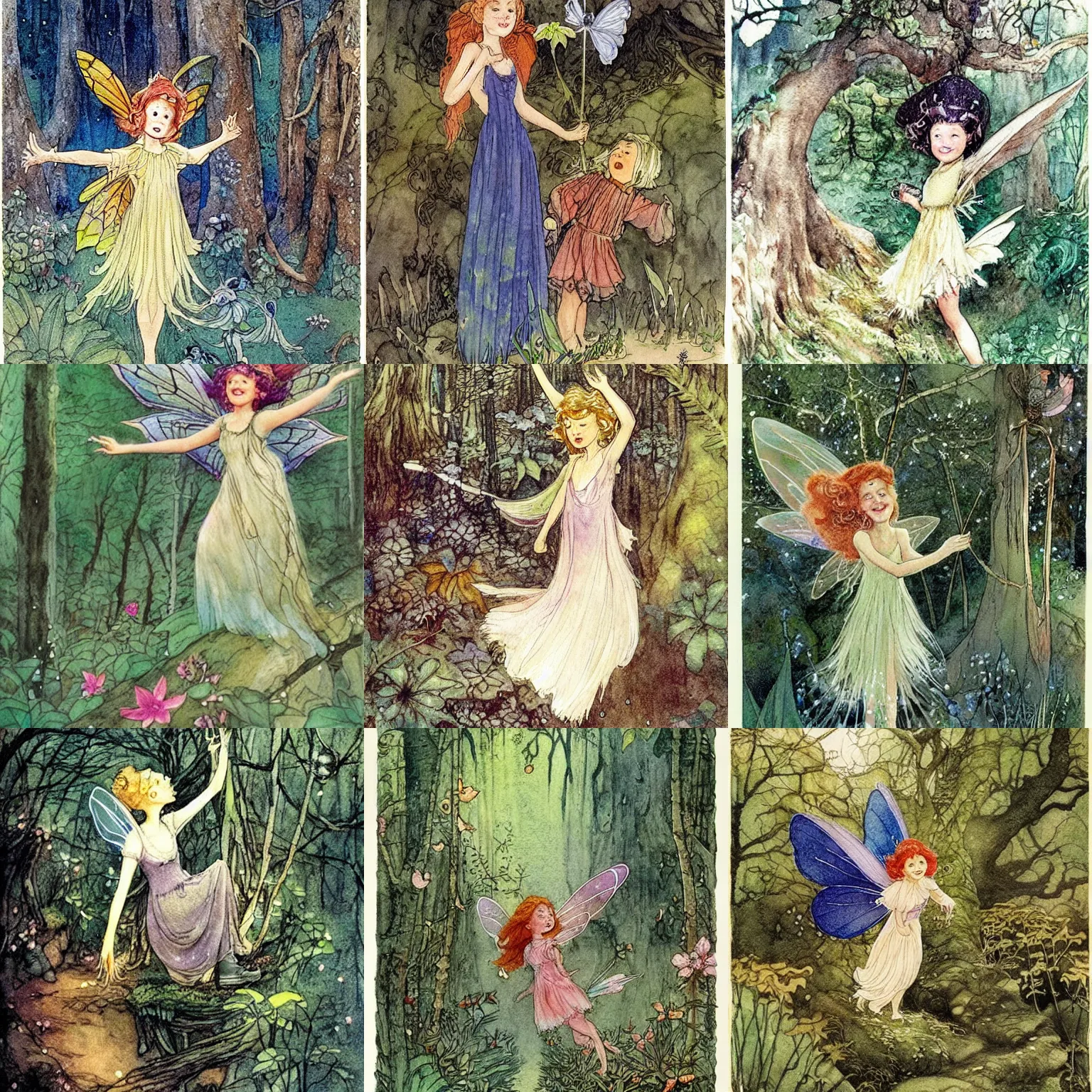 Prompt: a cheerful, optimistic fairy ( looks similiar hollday granger!!! ) in the forrest. dim light, magical, detailed, chinese watercolor, fairy tale illustration by tony diterlizzi, henry meynell rheam, ida rentoul outhwaite, alan lee, florence harrison, bob eggleton, and studio gibli