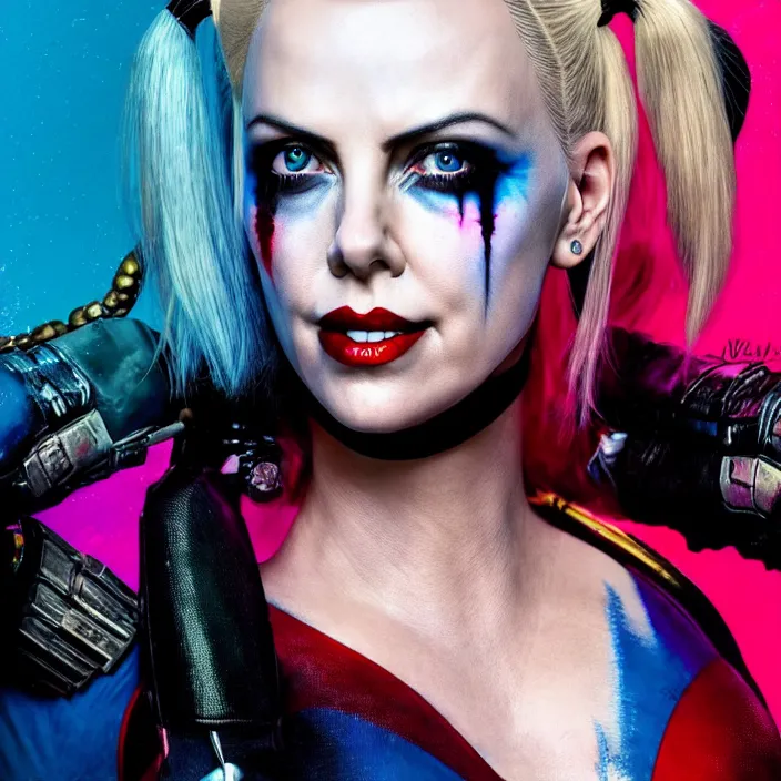 Prompt: portrait of charlize theron as a harley quinn in suicide squad. intricate abstract. intricate artwork. by tooth wu, wlop, beeple, dan mumford. octane render, trending on artstation, greg rutkowski very coherent symmetrical artwork. cinematic, hyper realism, high detail, octane render, 8 k, iridescent accents