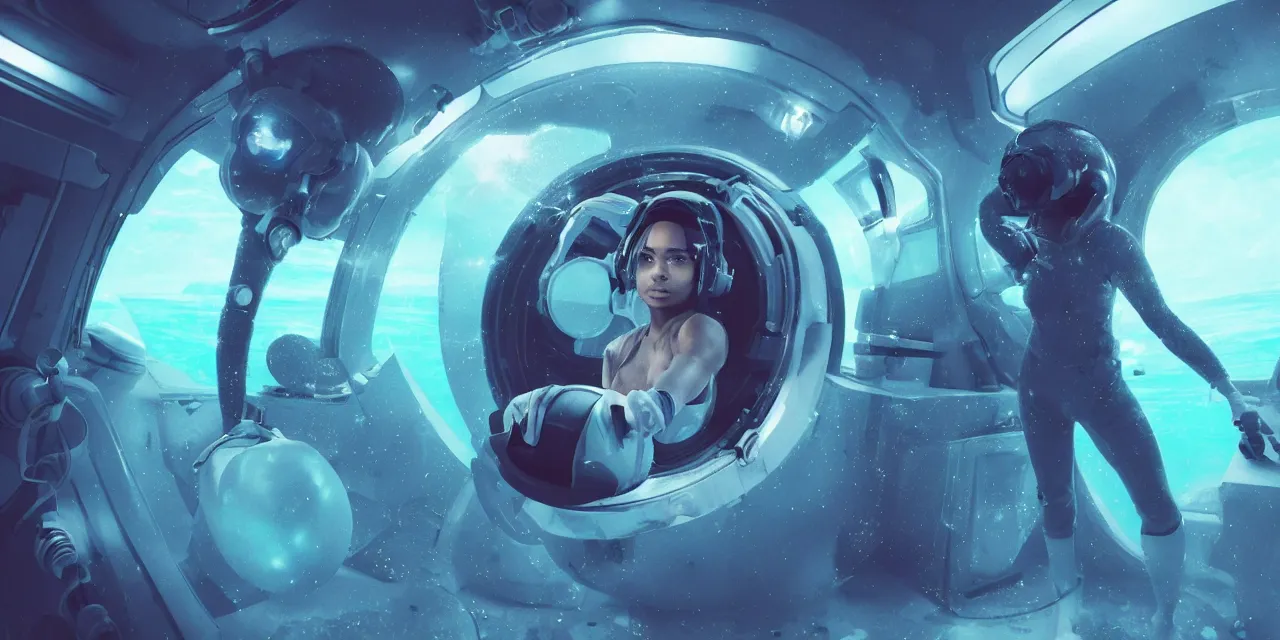 Image similar to Zoe Kravitz futuristic astronaut, outside large window of ship, helmet with clear HUD shield and led lights, underwater in the ocean at night, clear water, bubbles, volumetric lighting, glowing lights, 4k, octane, digital painting, artstation, concept art, sharp focus, illustration, high contrast, high saturation , cinematic film still, art by artgerm and greg rutkowski and alphonse mucha , wide angle view,