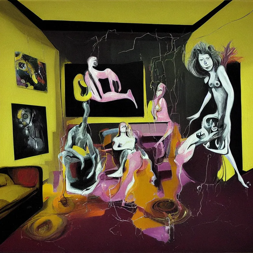 Image similar to Portrait of man and woman feeling love in the living room of a house, floating dark energy surrounds them. There is one plant to the side of the room, surrounded by a background of dark cyber mystic alchemical transmutation heavenless realm, fish eye lens, expressionist artwork by francis bacon and Jenny seville, midnight hour, part by adrian ghenie, part by jeffrey smith, part by josan gonzales, part by boris vallejo, part by norman rockwell, part by phil hale, part by kim dorland, artstation, highly detailed