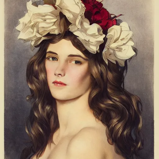 Prompt: epic portrait an woman with a skull face and wet flowing hair, flower crown, made by j. c. leyendecker