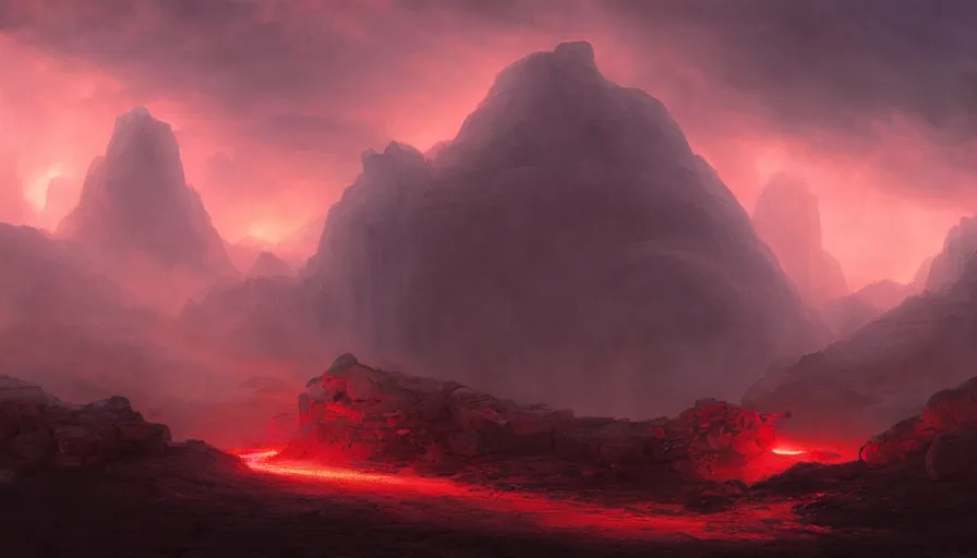 Image similar to entrance to the underworld, fire, red sky, red rain, rule of thirds, highly detailed, volumetric lighting, trending on artstation, concept art, matte painting, 4k, octane render, art by ted nasmith and greg rutkowski