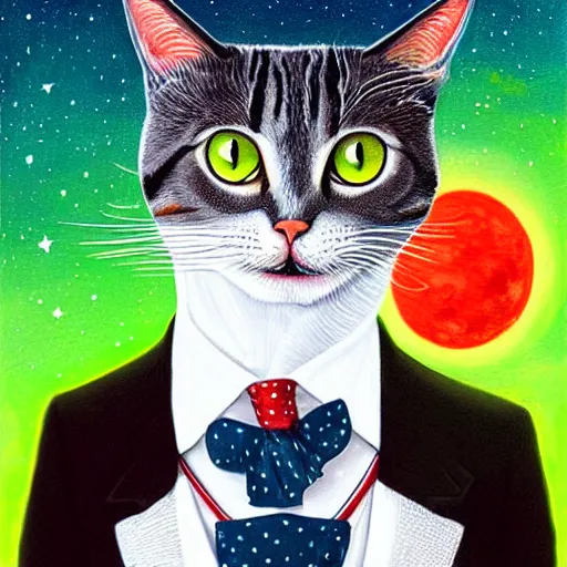 Image similar to portrait illustration of funny brittish cat with big green eyes, in the tuxedo and red tie, space and moon on the background by jeremiah ketner, quint buchholz, wlop, dan mumford