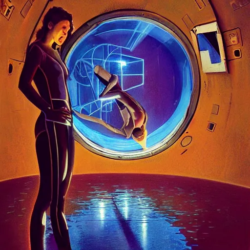 Image similar to woman in flight suit, large hadron collider, dimensional portal, teleportation, wet reflections, prism, atmospheric, ambient, pj crook, syd mead, livia prima, artgerm, greg rutkowski, nick alm, casey baugh